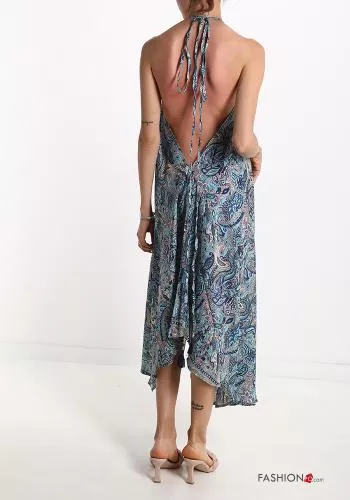  Jacquard print Silk Sleeveless Dress with bow with v-neck