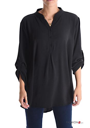  Túnica con cuello en v con botones manga tres cuartos  Negro
