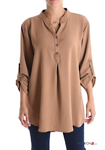  Túnica con cuello en v con botones manga tres cuartos  Color camel