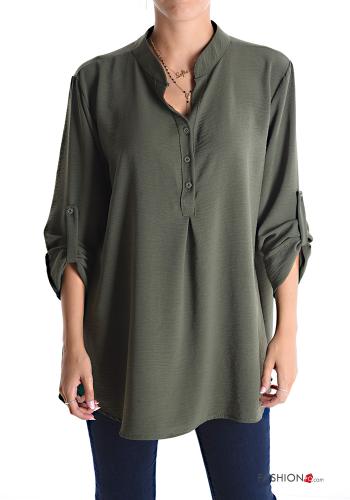  Túnica con cuello en v con botones manga tres cuartos  Verde militar