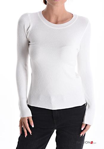  Maglione costine girocollo  Bianco