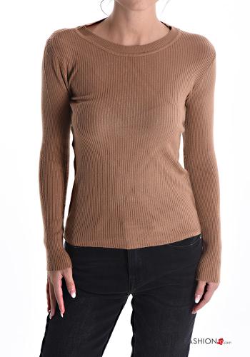  Maglione costine girocollo  Marrone