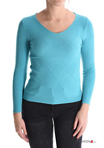  Ribbed Sweater with v-neck Turquoise