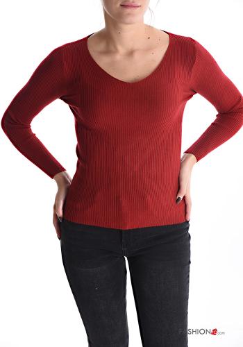  Ribbed Sweater with v-neck Bordeaux