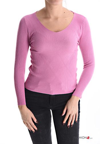  Ribbed Sweater with v-neck Dark pink