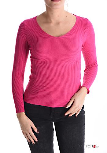  Ribbed Sweater with v-neck Fucsia