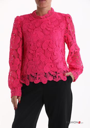  lace trim puff sleeve Cotton Long sleeved top 