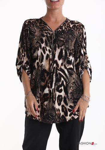  Blusa Fantasia animalier maniche a tre quarti scollo a V con zip 
