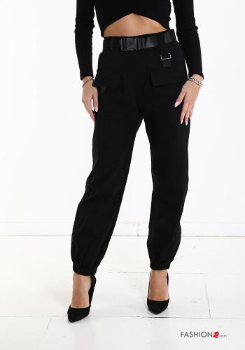  Hose mit Gürtel mit gummizug schnappverschluss mit Taschen Schwarz