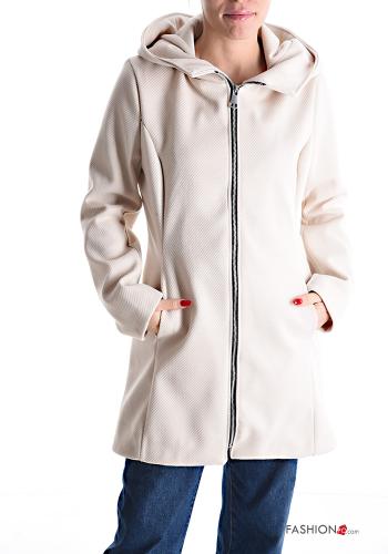  Coat with pockets with hood with zip White Cream