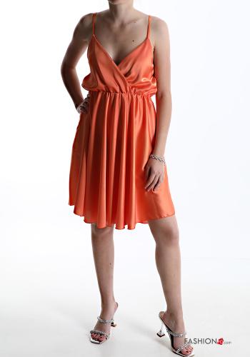  V-Ausschnitt Satin Ärmelloses Kleid  Orange