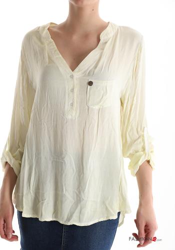  Blusa gola V com botões com bolsos  Lemon chiffon