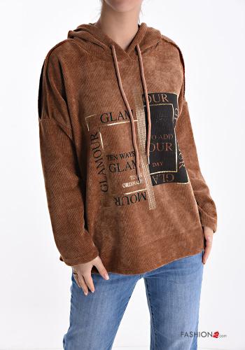  Sweatshirt em Algodão de veludo Padrão escrito com capuz 