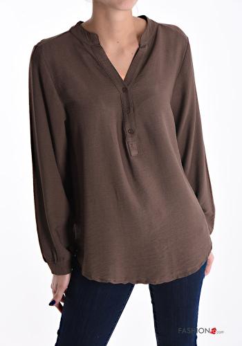  Blusa com botões gola V  Marrom escuro
