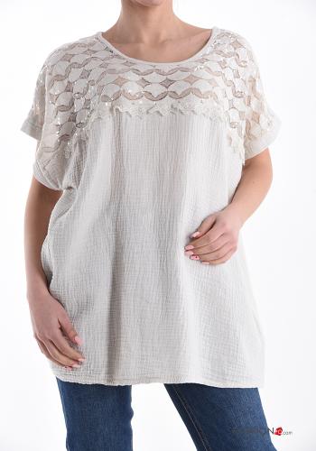  T-shirt in Cotone pizzo  Beige