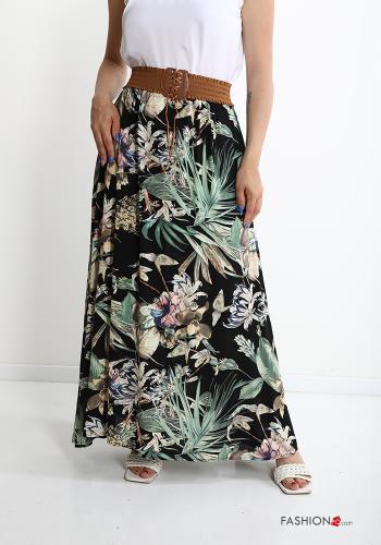  Floral Longuette Skirt with belt Black