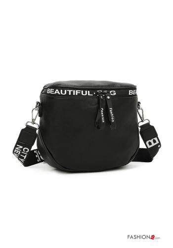  Lettering print faux leather Bag with zip with shoulder strap Black