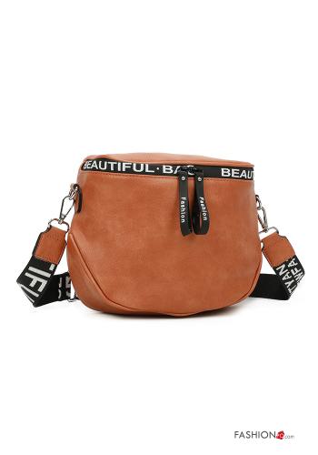  Lettering print faux leather Bag with zip with shoulder strap Coral