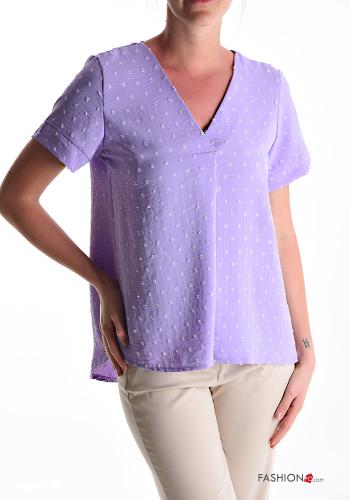  Polka-dot short sleeve Blouse with v-neck Lilac