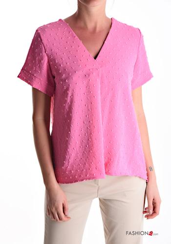  Polka-dot short sleeve Blouse with v-neck Red-pink