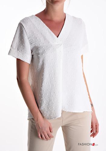  Polka-dot short sleeve Blouse with v-neck White