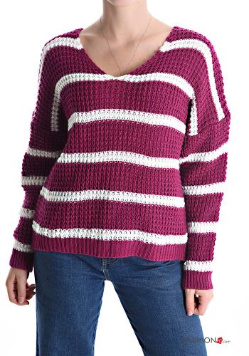 Striped Sweater with v-neck Fucsia