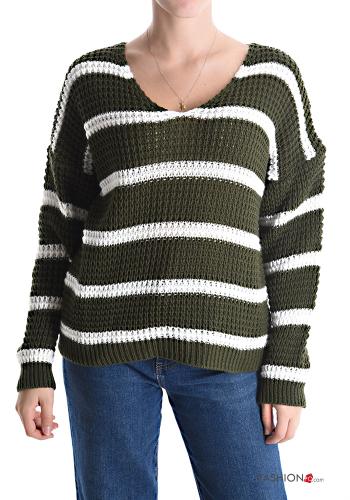  Striped Sweater with v-neck Green Asparagus