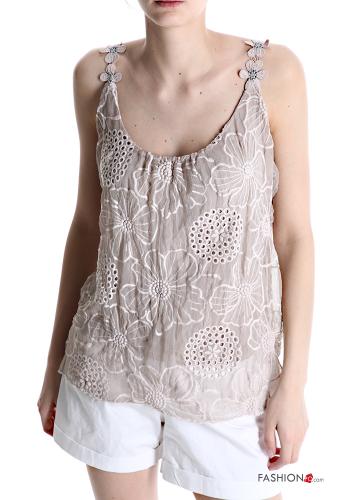  Embroidered Cotton Tank-Top with bow Beige
