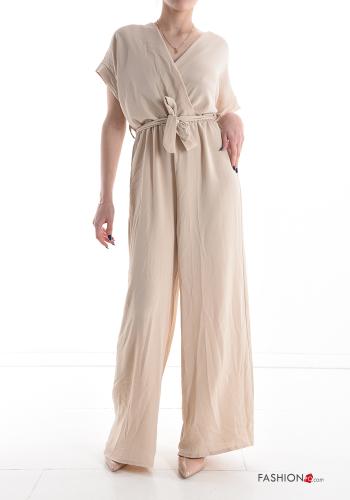  v-neck Jumpsuit with bow Beige