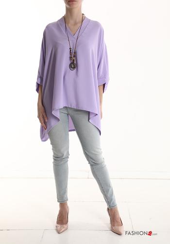  Oversize Bluse mit Halskette 3/4 ärmel mit V-Ausschnitt