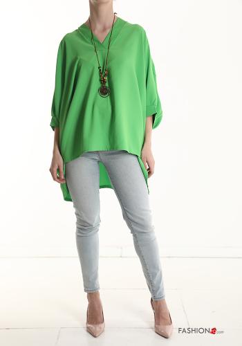 oversized Blouse with necklace 3/4 sleeve with v-neck Spring green