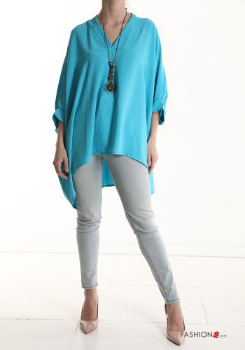 oversized Blouse with necklace 3/4 sleeve with v-neck Cyan