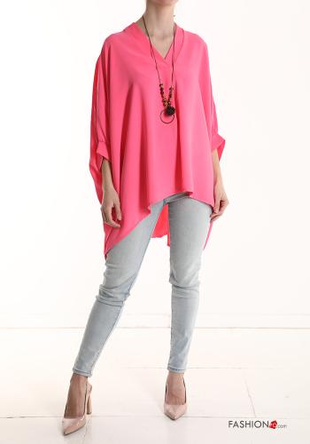 oversized Blouse with necklace 3/4 sleeve with v-neck Raspberry