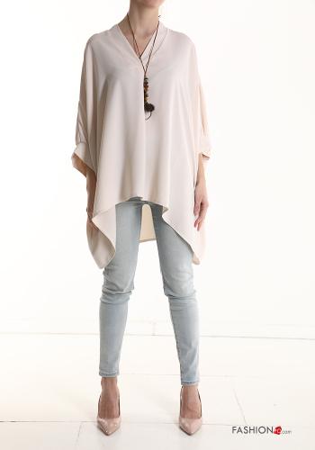  oversized Blouse with necklace 3/4 sleeve with v-neck White Cream