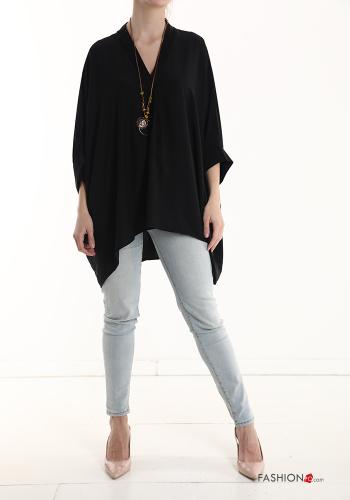  oversized Blouse with necklace 3/4 sleeve with v-neck Black