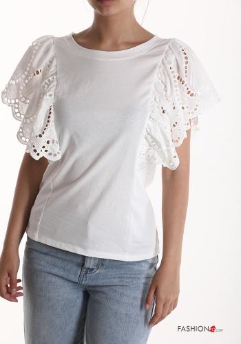  T-shirt in pizzo sangallo  Bianco