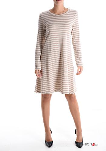  Striped long sleeve knee-length Dress  Beige
