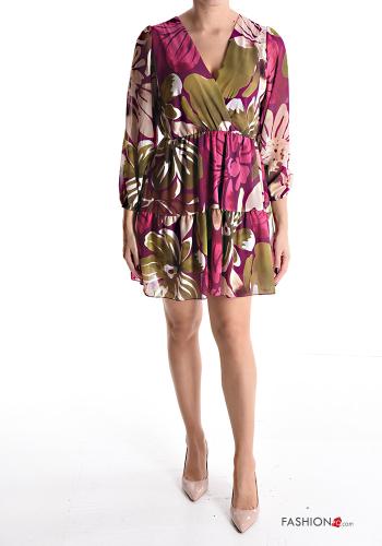 Floral long sleeve knee-length Dress with flounces with v-neck