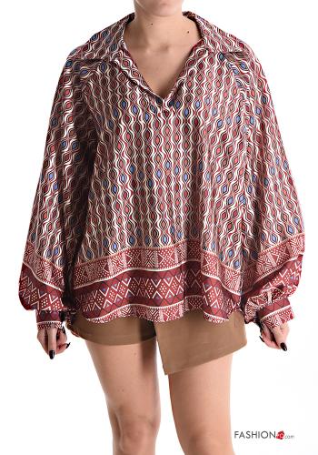  Geometric pattern puff sleeve with collar Blouse with v-neck