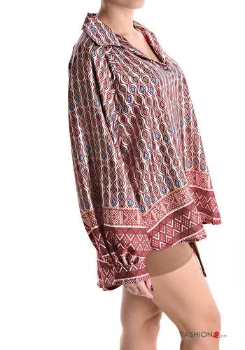  Geometric pattern puff sleeve with collar Blouse with v-neck