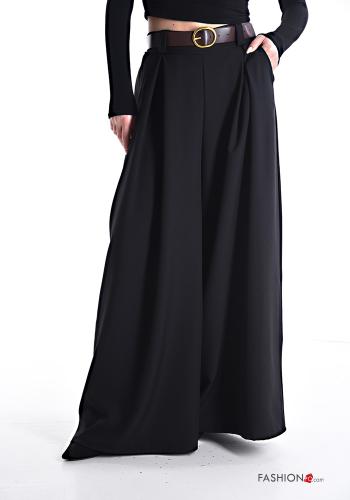  wide leg Trousers with belt with elastic with pockets Black