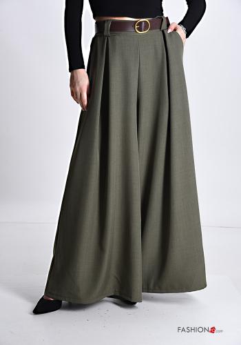  wide leg Trousers with belt with elastic with pockets Light olive