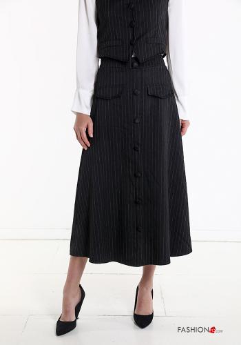  Gonna Longuette Fantasia righe con bottoni con elastico  Nero