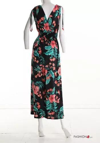  Floral long Sleeveless Dress with v-neck