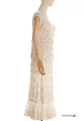  Embroidered sleeveless long Cotton Cover up with flounces