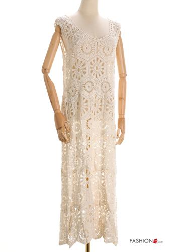  Embroidered sleeveless long Cotton Cover up with v-neck