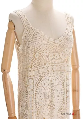  Besticktes Muster ärmellos lange Strandkleid aus Baumwolle mit Volants mit V-Ausschnitt