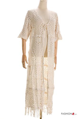  Embroidered Cotton Cover up with bow 3/4 sleeve with fringe