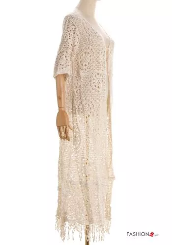  Embroidered Cotton Cover up with bow 3/4 sleeve with fringe