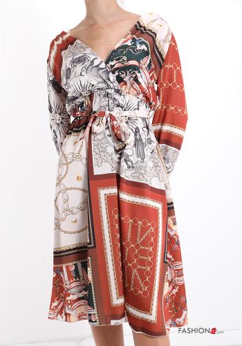 Kleid  mit Schleife V-Ausschnitt Jacquard-Muster Braun
